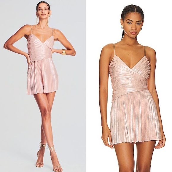 NWT RETROFETE Metallic Ballet Pink Pleated Sleeveless Crossover V-Neck Dress M - Picture 1 of 10